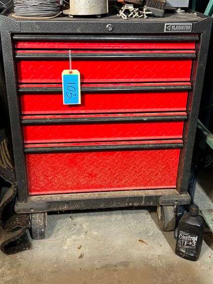 Lot - Gladiator Mobile Tool Chest with Assorted Hand Tools and Grinding Discs, and Wire Brushes image