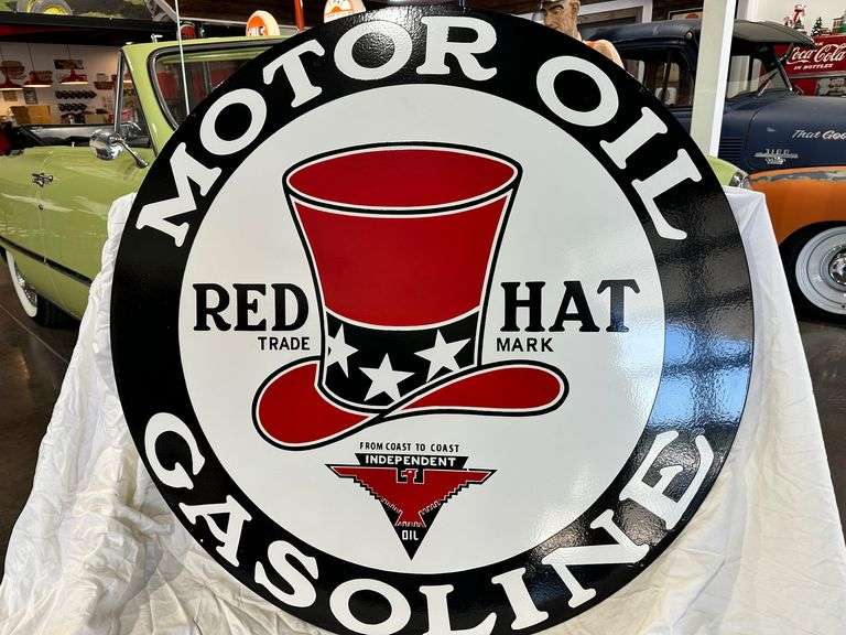 Porcelain steel "Red Hat Gasoline" sign, 42", double sided, 41lbs image