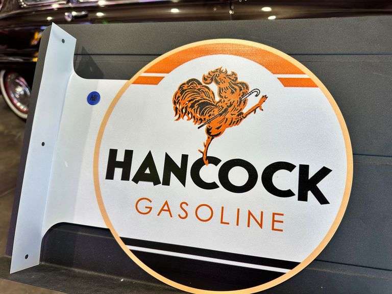 Metal double sided flange sign - Hancock Gasoline image