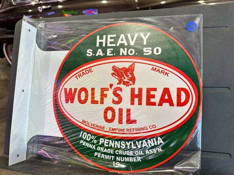 Metal double sided flange sign - Wolfs Head Oil image