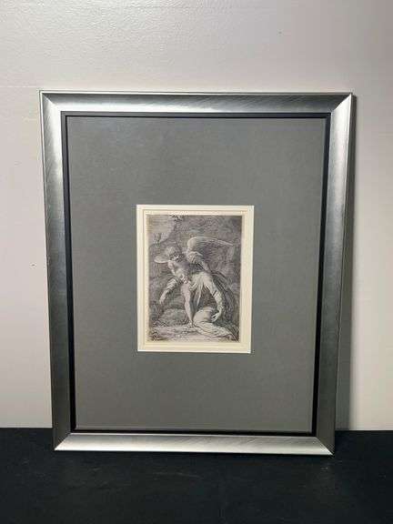 Framed Antique 16th Century Etching "Angel Lifting Man" by Raphael Sadelar image