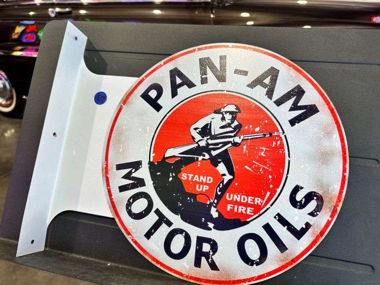 Metal double sided flange sign - Pan Am Motor Oil image