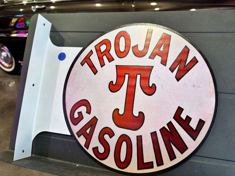 Metal double sided flange sign - Trojan Gasoline image