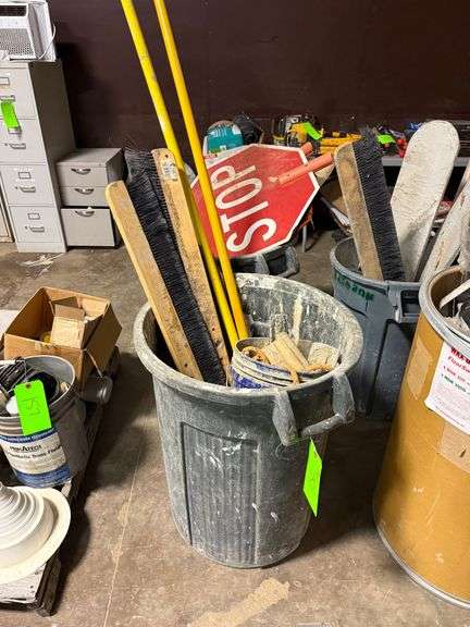 (2) Trash Bins with Brooms, Signs, Tools image