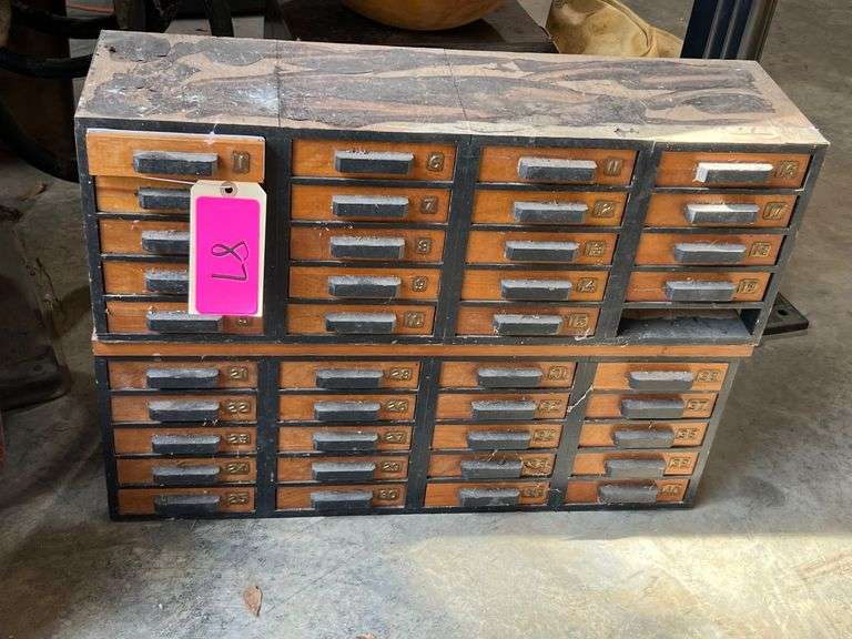 Vintage Wooden Sorter with Numbered Drawers and Contents image