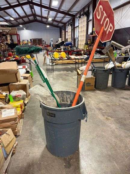 Trash Bin with Signs, Broom, Shovel image
