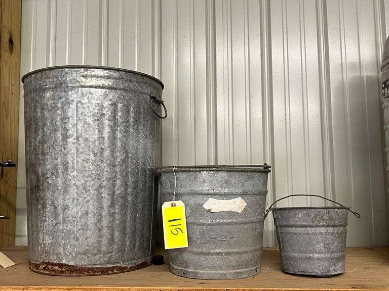 Lot - (2) Metal Buckets and Trash Can image