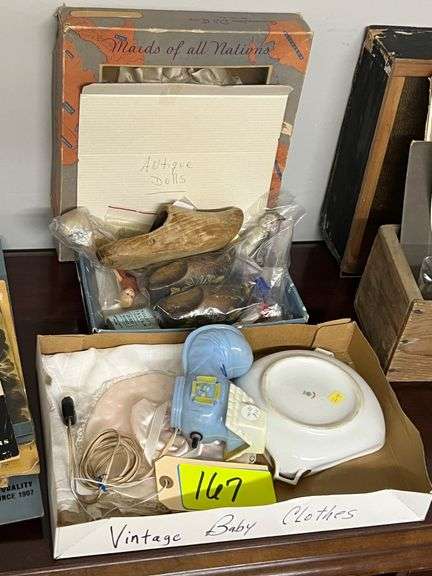 Lot - Maids of all Nations Doll, Hand Carved Wooden Shoes, Hand Painted Nippon Bowl image