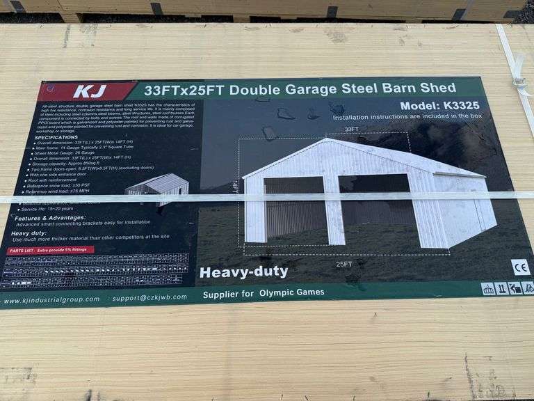 2025 KJ Unused K3325 33ft x 25ft Double Garage Steel Barn Shed image