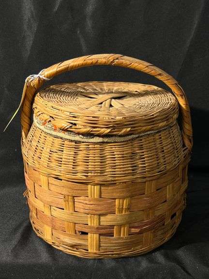 Vintage Covered Lined Wicker Sewing Basket with Handle image