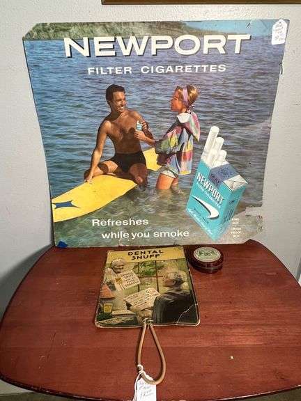 Lot - Vintage Newport Cigarette Advertisement, Dental Snuff Fan, and Regliss Florent Pate Tin image