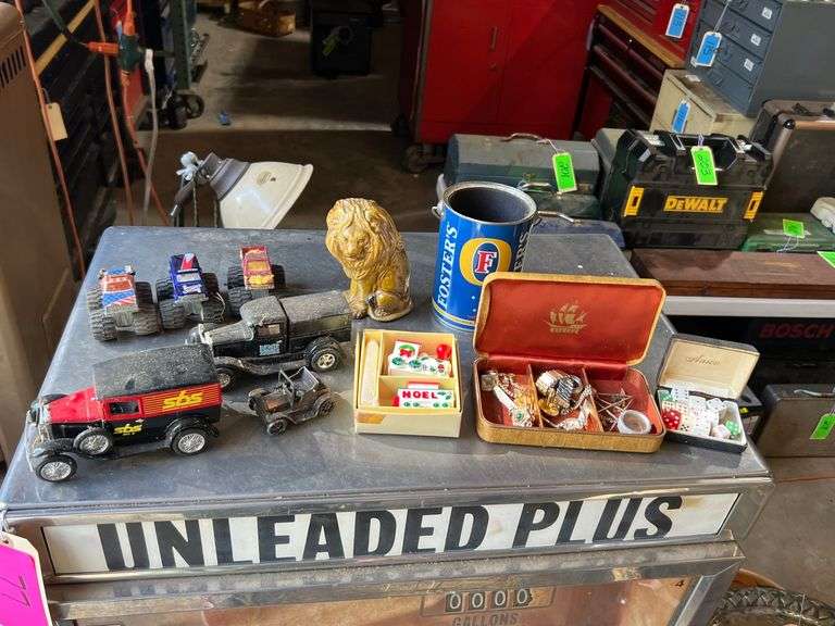 Lot - Assorted Collectibles: Lion Figurine, Toy Cars, Train Ornament, Jewelry Box with Watch and Cufflinks, and More image