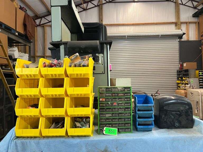 Lot Storage Bins, Parts Cabinet, and Paper Towel Dispenser with Contents image