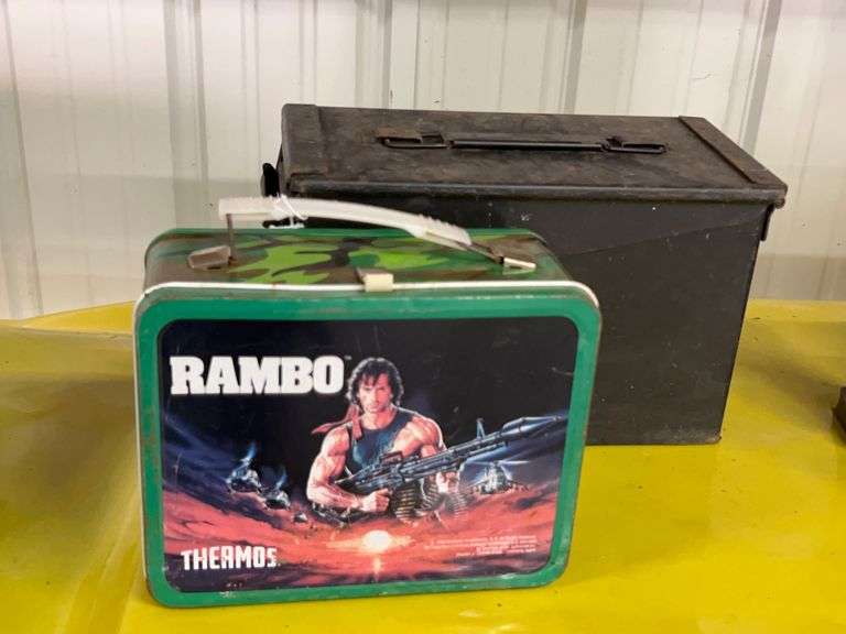 Lot - Ammo Can and Vintage Thermos Rambo Lunchbox image