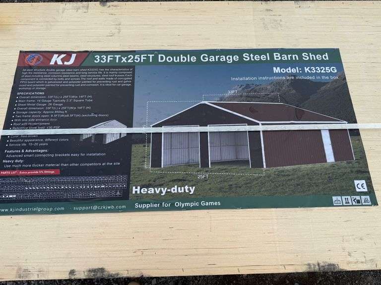 2025 KJ Unused K3325G 33ft x 25ft Double Garage Steel Barn Shed image