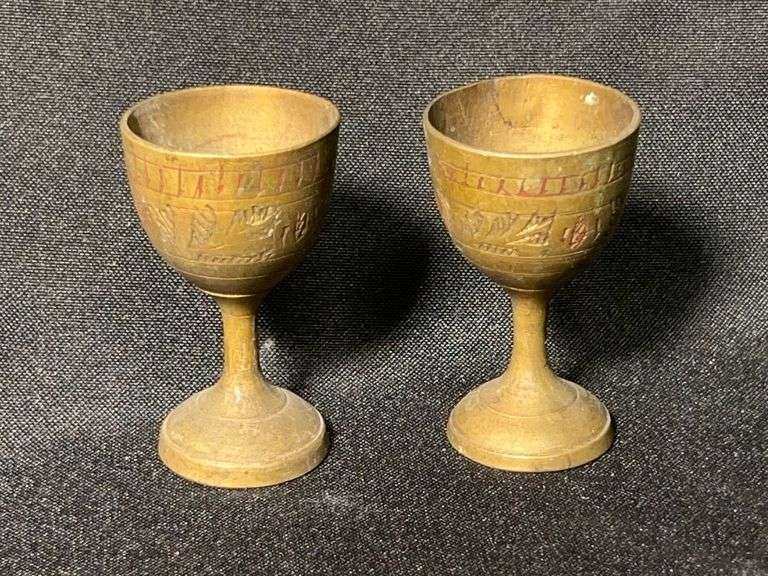 Lot - (2) Small Vintage Etched Brass Shot Glass/Goblets image