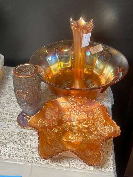 Lot - Carnival Glass Dish, Serving Bowl, Vase, and (1) Fenton Corn Vase image
