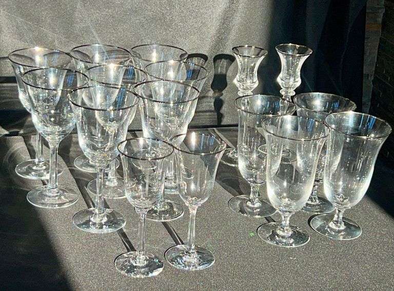 Lot - (14) Assorted Platinum Rimmed Lenox Glasses and (2) Lenox Candle Holders image
