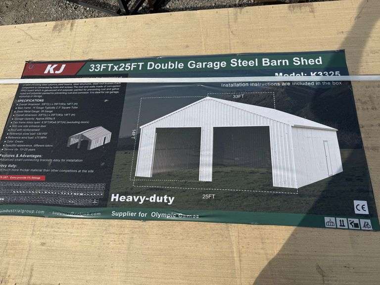 2025 KJ Unused K3325 33ft x 25ft Double Garage Steel Barn Shed image