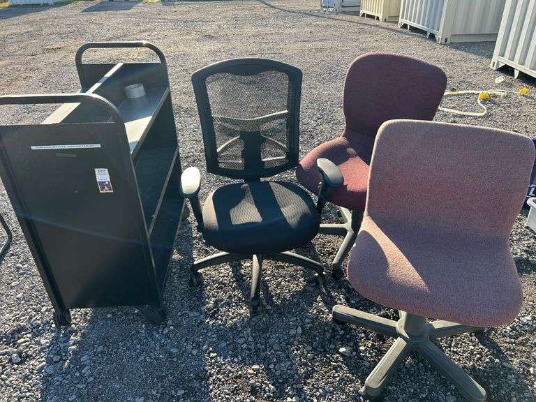 (3) Rolling Office Chairs and (1) Rolling Book Cart image