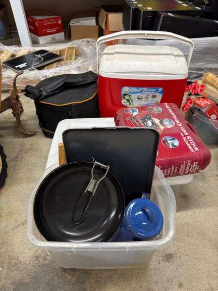 Outdoor Cooking Lot - Glow Master Portable Gas Stove, Portable Grill, Igloo Ice Chest, Linens, Pans, Pitcher, Tray, Etc image