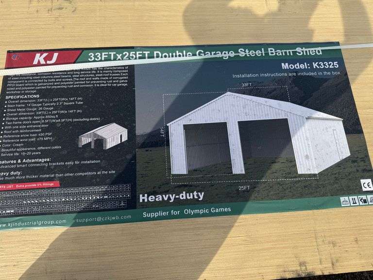 2025 KJ Unused K3325 33ft x 25ft Double Garage Steel Barn Shed image