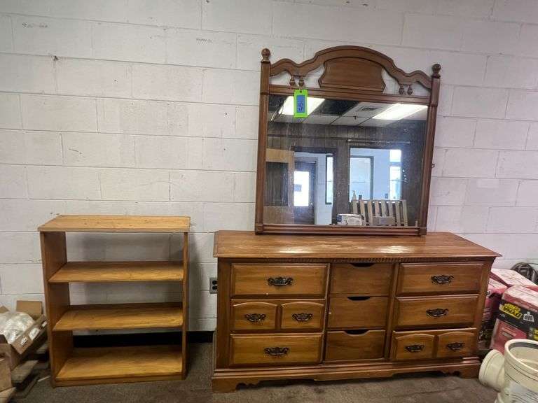Lot - Wooden Dresser with Mirror and Bookshelf image