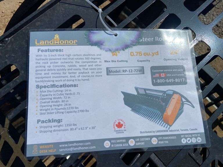 2024 Landhonor Unused RP-12-72W 72" Skid Steer Rock Picker