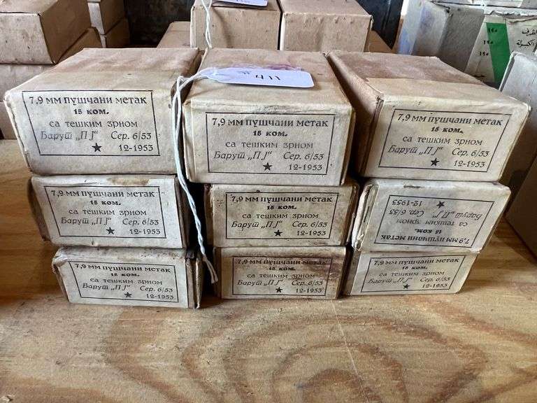 8mm Mauser Ammo, Marked "12-1953" - 9 Boxes of 15 image