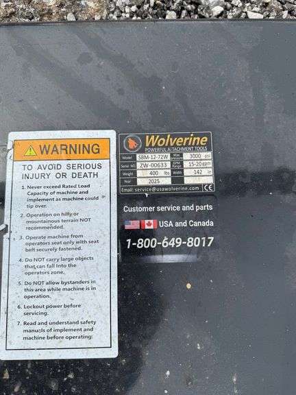 2025 Wolverine Unused SBM-12-72W Skidsteer Sickle Bar Mower