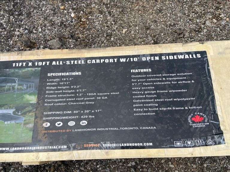 Landhonor Unused LHR-CP1119 11FTx19FT All Steel Carport with 10FT Open Sidewalls