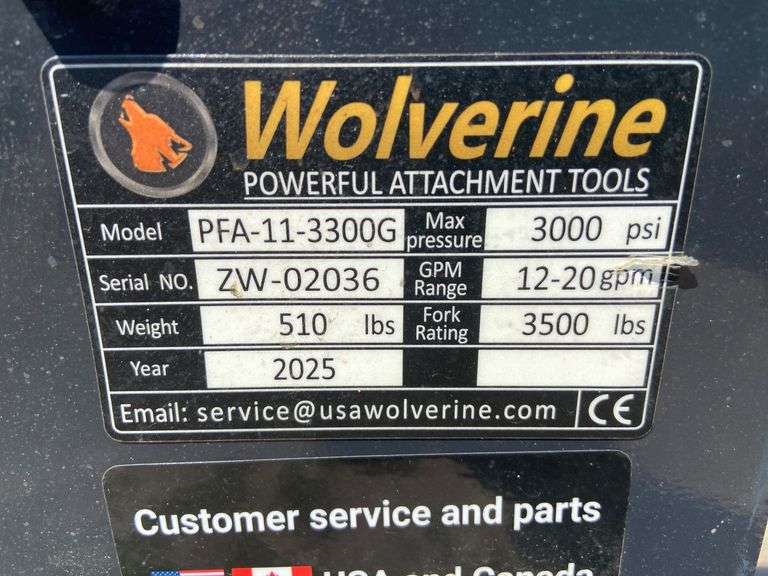 2025 Wolverine Unused PFA-11-3300G  Skid Steer Pallet Fork Hydraulic Adjustable