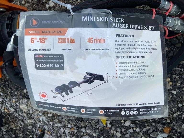 2025 Wolverine Unused MAD-12-12D Mini Skid Steer Auger Drive and Bit