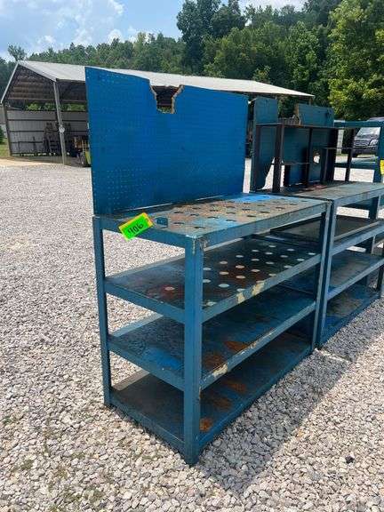 (2) Steel Workbenches and (1) Steel Shelf