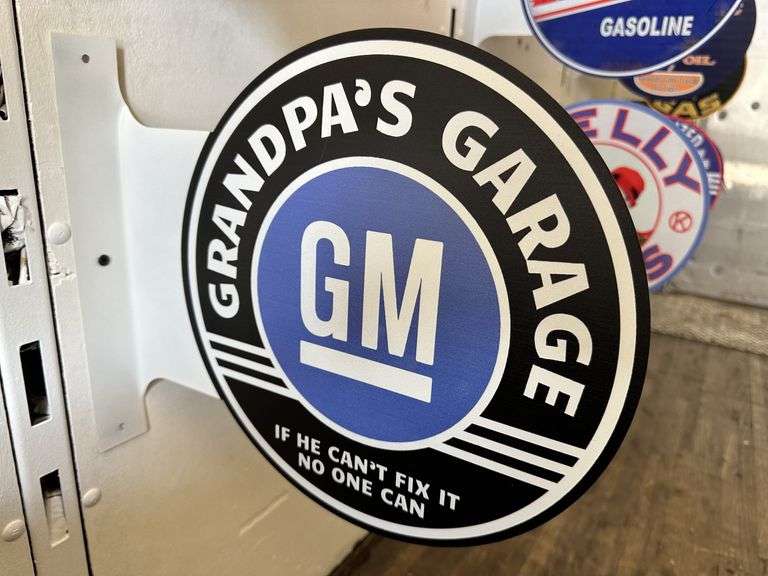 Grandpa's Garage GM wall mount flange sign, metal, printed on both sides.
