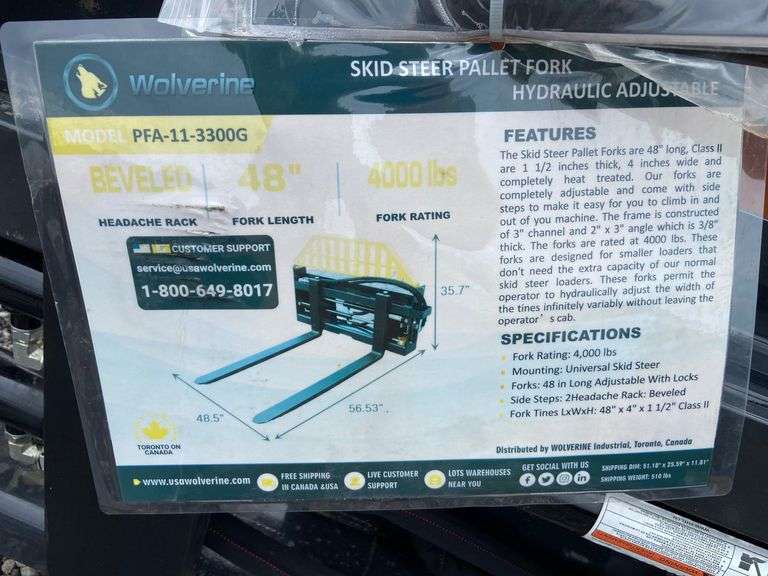 2025 Wolverine Unused PFA-11-3300G Skidsteer Hydraulic Adjustable Pallet Forks