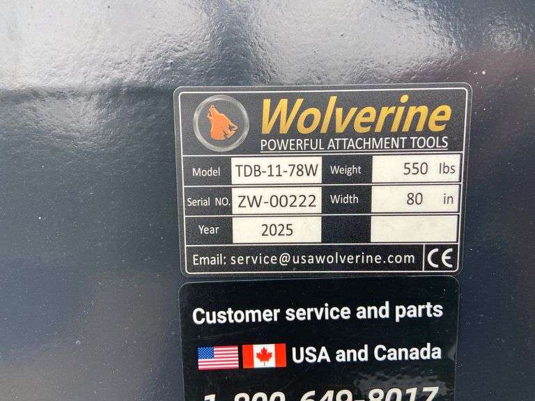 2025 Wolverine Unused TDB-11-78W Skid Steer Duty Bucket