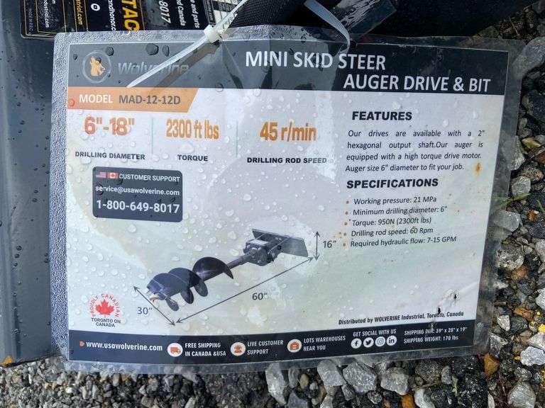 2025 Wolverine Unused MAD-12-12D Mini Skid Steer Auger Drive and Bit