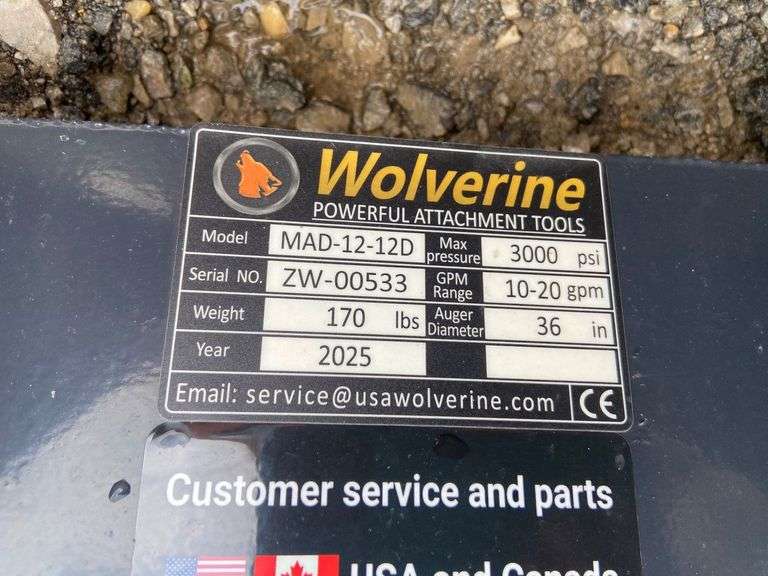 2025 Wolverine Unused MAD-12-12D Mini Skid Steer Auger Drive and Bit