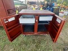 Jobox 43in W x 27in D Heavy Duty 2-Drawer, 2-Shelf Steel Rolling Workbench Cabinet with 4in Casters, Model 675990