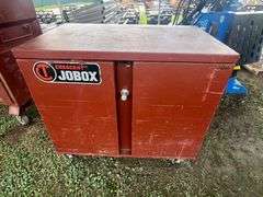 Jobox 43in W x 27in D Heavy Duty 2-Drawer, 2-Shelf Steel Rolling Workbench Cabinet with 4in Casters, Model 675990