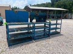 (2) Steel Workbenches and (1) Steel Shelf