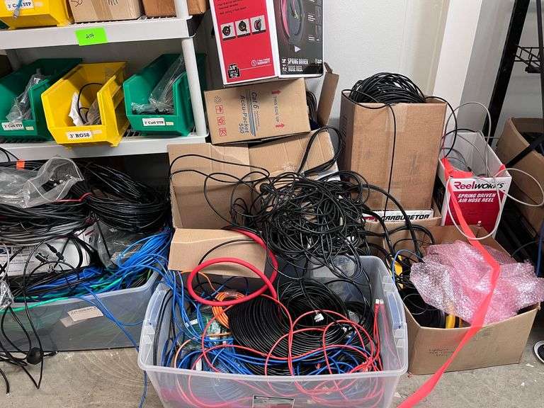 Large lot of wire, shelf with all contents, white board