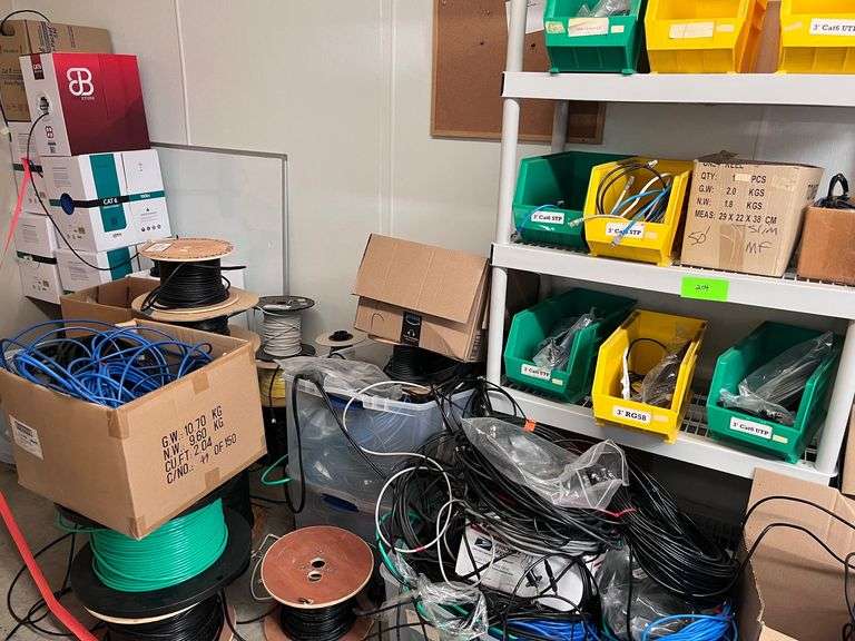 Large lot of wire, shelf with all contents, white board image