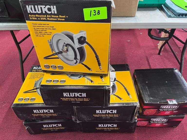 (6) Klutch auto rewind aire hose reel 33 ft cord reel, (2) Ironton