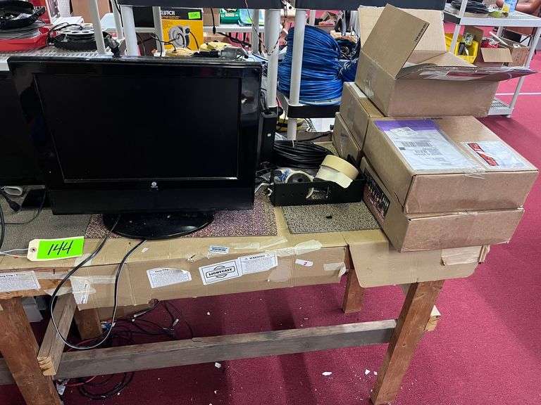 Wood work table: Printer, (2) monitors/Wire/metal plates