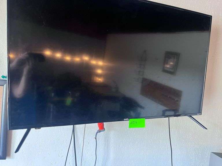 (3) tables with electronic Equipment: (2) TV, receiver, (4) speakers