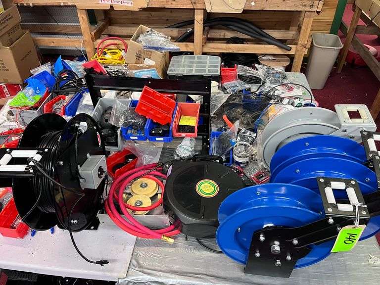 (2) tables with reels with all contents on top & underneath: wire/hoses, etc