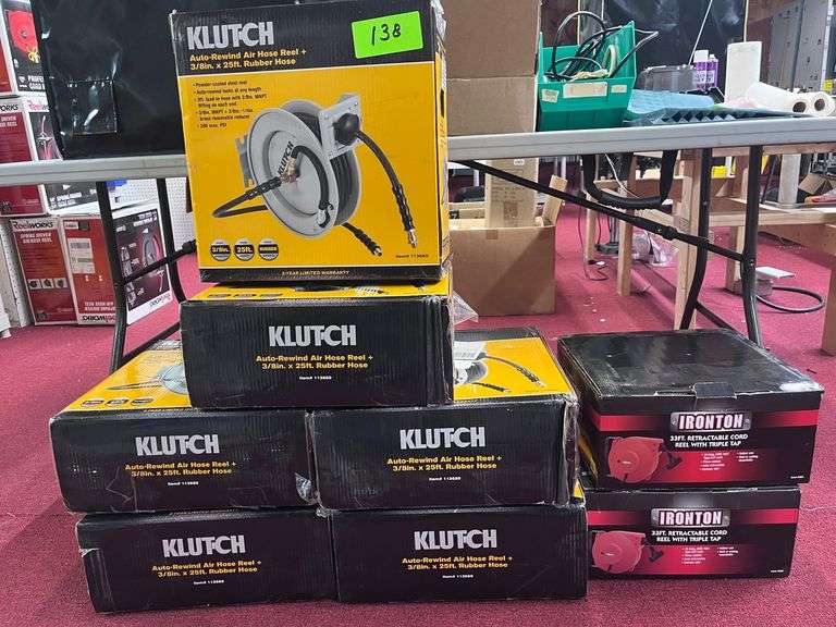 (6) Klutch auto rewind aire hose reel 33 ft cord reel, (2) Ironton image