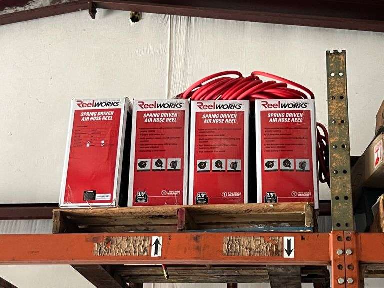 Spring driven air hose and (2) pallets of misc (Note on top shelf and buyer must remove)